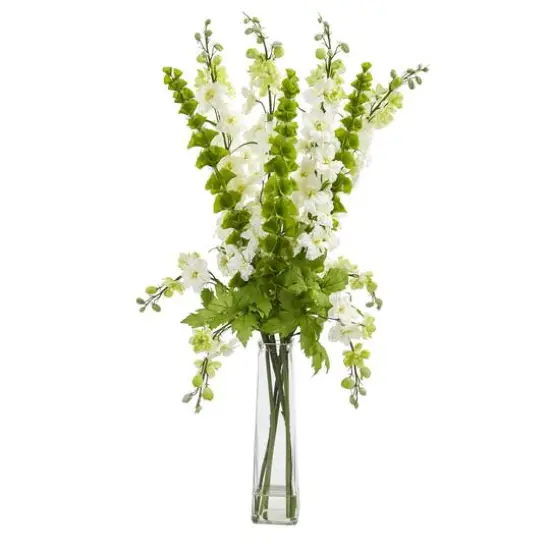 2.8ft. Larkspur & Bells of Ireland Artificial Arrangement in Clear Containers White {2}