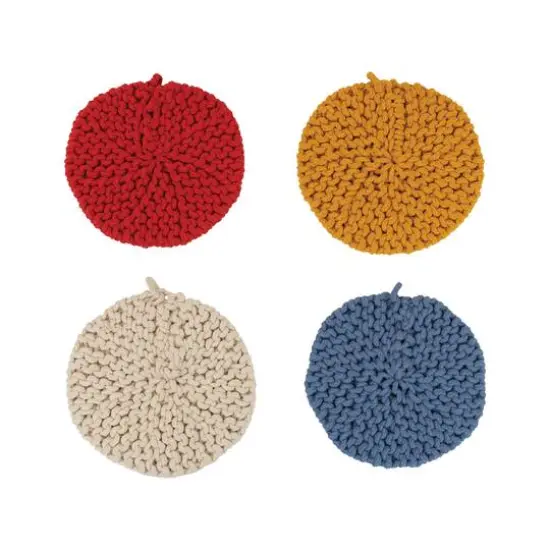 Hello Honey&reg; 8" Red, Blue, Yellow & White Round Cotton Crocheted Pot Holder Set {1}