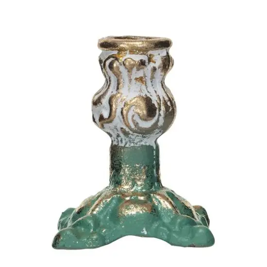 Hello Honey&reg; 4" Green, Gold & Cream Distressed Cast Metal Taper Candleholder {1}