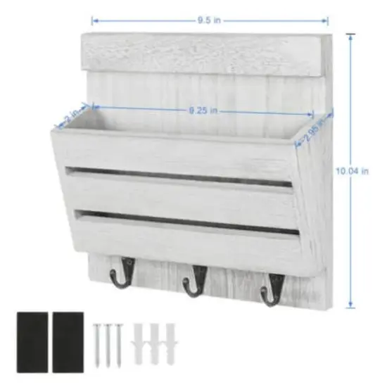 NEX&trade; 10" Rustic White Gray Wood Wall-Mounted Mail & Key Holder Organizer with 3 Key Hooks {1}