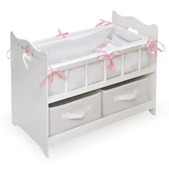Badger Basket White Rose Doll Crib with Bedding & Two Baskets {1}