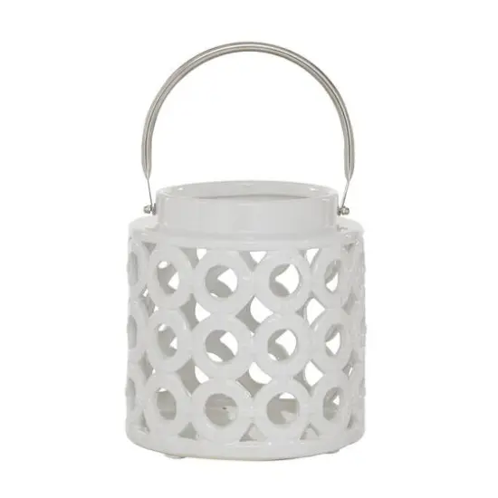 White Ceramic Contemporary Candle Holder Lantern, 8" x 8" x 9" {6}