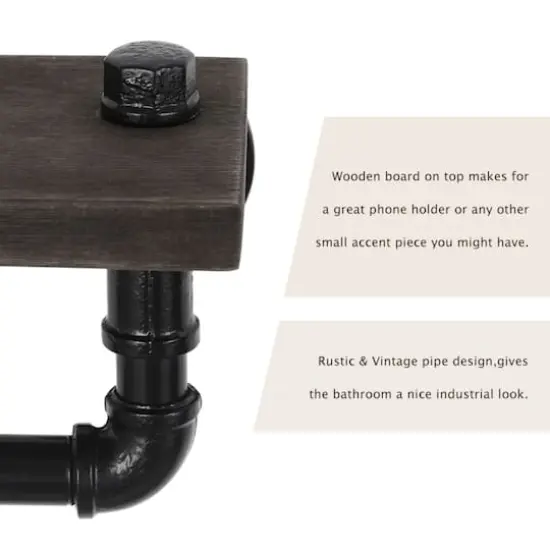 Black Wall Mounted Toilet Paper Holder with Rustic Wooden Shelf {5}