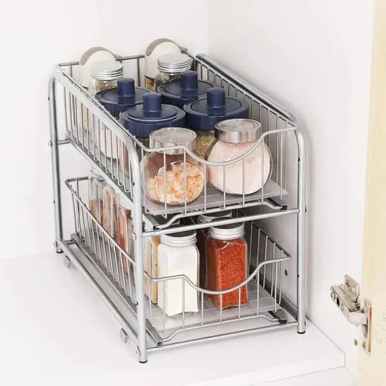 2-Tier Stackable Sliding Basket Cabinet Organizers, 2ct. Silver {5}