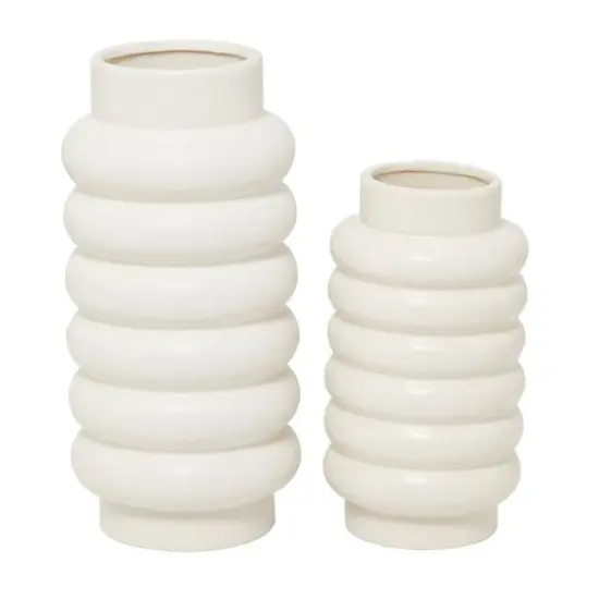 CosmoLiving by Cosmopolitan White Ceramic Vase with Ring Ribbing Set of 2 16", 12" {5}