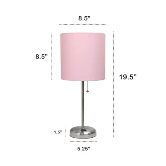 Creekwood Home Oslo 19.5" Power Outlet Table Lamp Brushed Steel Base/Light Pink Shade {4}