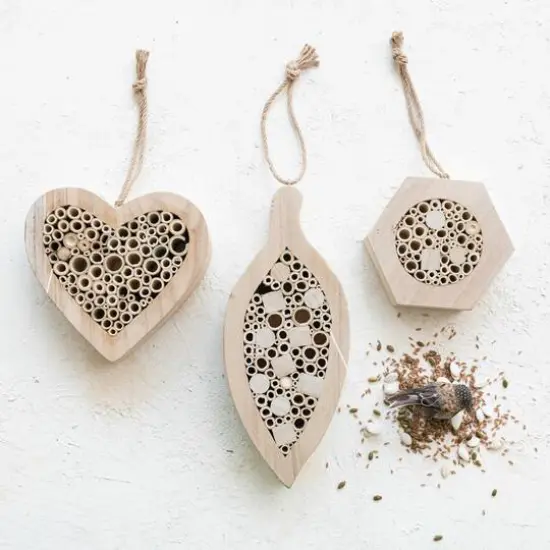 Hello Honey&reg; 9.5" Natural Paulownia Wood & Bamboo Heart-Shaped Insect House with Jute Hanger {3}