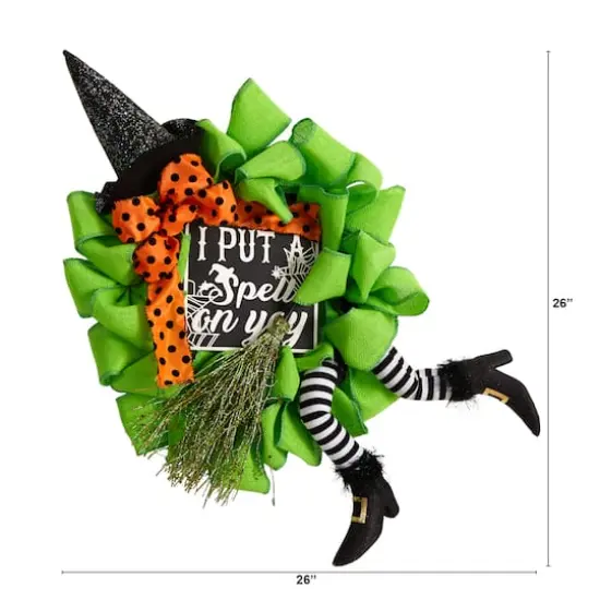 26" Halloween Witch Broom & Hat Mesh Wreath {3}