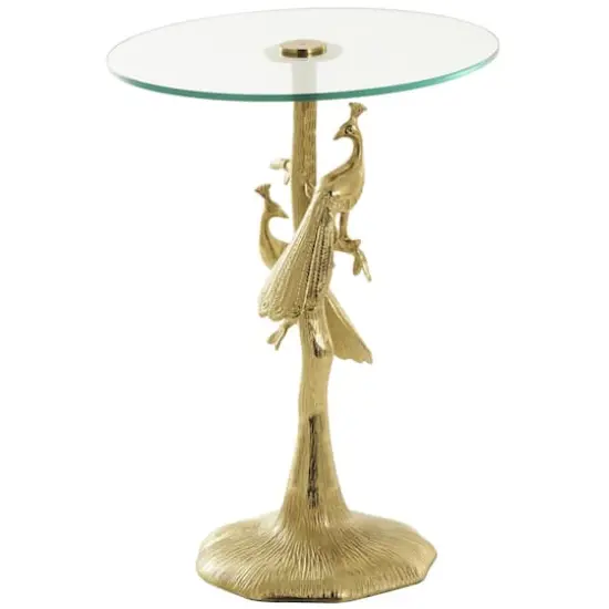 22.25" Gold Aluminum Peacock Textured Accent Table with Glass Tabletop {1}