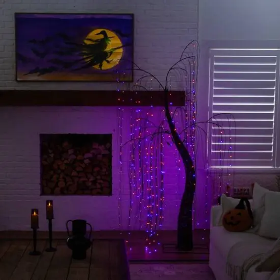 7ft. Pre-Lit Artificial Halloween Black Willow Tree with 600 Purple and Orange Dual Color LED Lights {16}