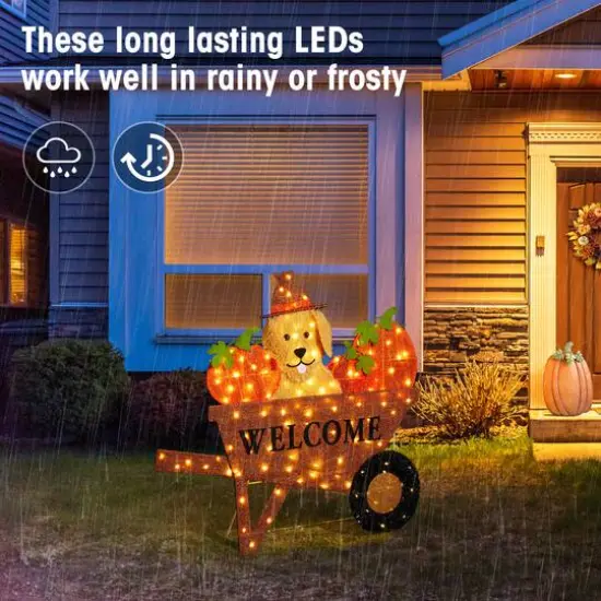 Glitzhome&reg; 36.25" Lighted Fall Pumpkin Wheel Barrow Outdoor Decor with Warm White LED Lights {7}