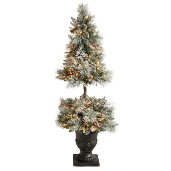 5ft. Pre-Lit Flocked Artificial Christmas Tree in Decorative Urn, White LED Lights {1}