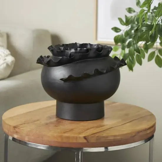 11.5" Black Wide Abstract Floral Ceramic Vase with Layered Petals {3}