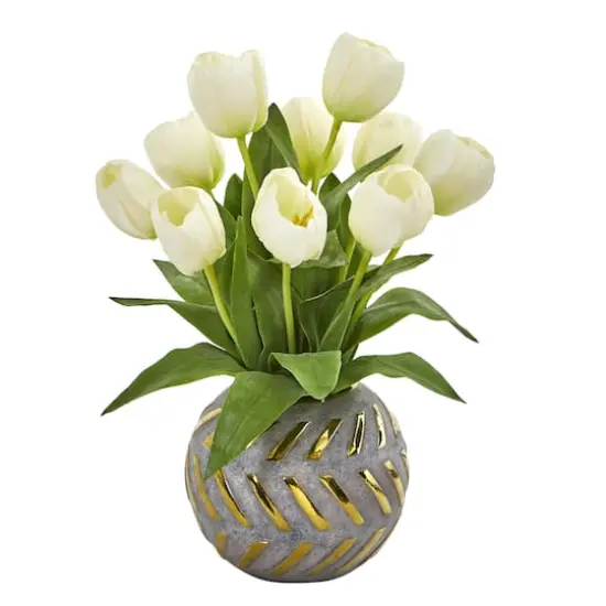 15" White Tulip Arrangement in Decorative Ceramic Vase {1}