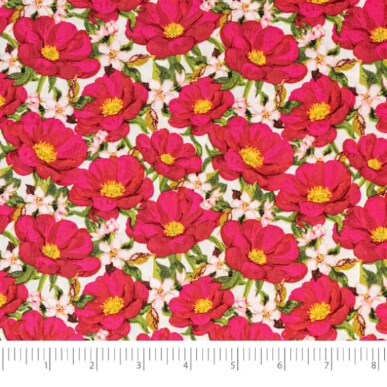 SINGER Pink Flowers on White Cotton Fabric {1}