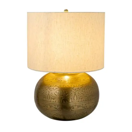 Hello Honey&reg; 20" Antique Brass Finish Round Etched Metal Table Lamp with Cotton Shade {6}