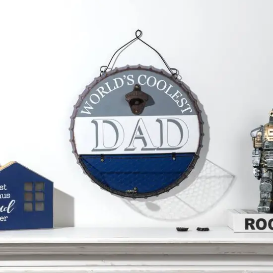 Glitzhome&reg; 13" Father's Day Metal Bottle Cap Bottle Opener Wall Sign & Organizer {4}