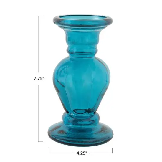 8" Aqua Blue Recycled Glass Pillar Candle Holder {4}