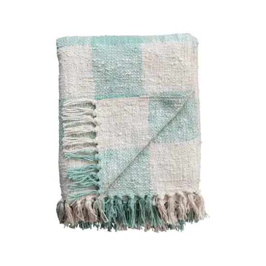 Hello Honey&reg; Mint & Cream Plaid Hand-Woven Cotton Throw with Fringe {6}