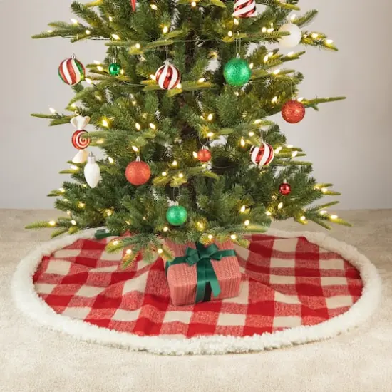 Glitzhome&reg; 4ft. Red & White Plaid Reversible Sherpa & Flannel Christmas Tree Skirt {4}