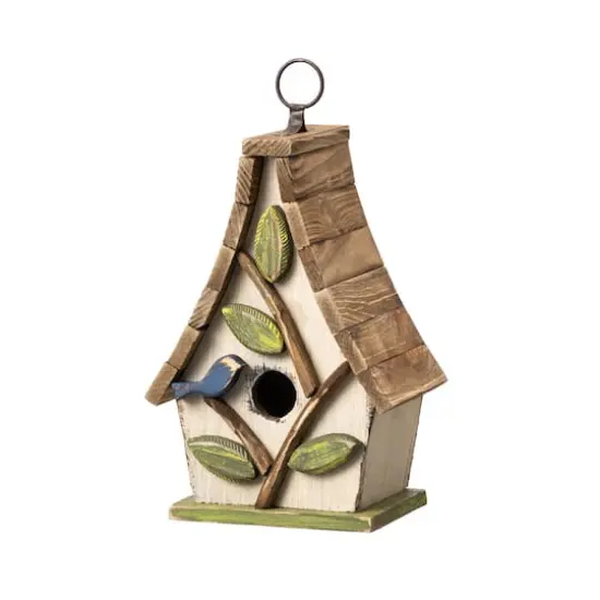 Glitzhome&reg; 9.5" White Distressed Wood Birdhouse with Leaves {1}