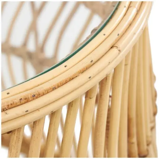 Brown Rattan Handmade Wavy Woven Accent Table with Glass Top {6}