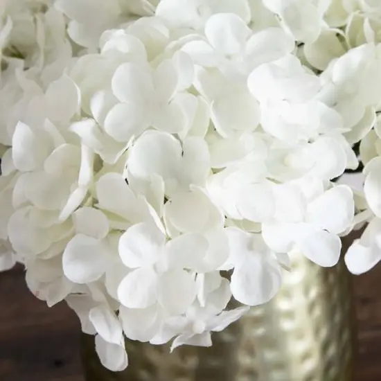 11" White Hydrangea Arrangement in Gold Metal Vase {4}