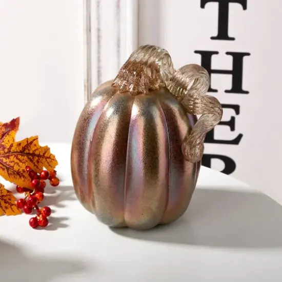 Glitzhome&reg; Blue & Gold Glittery Glass Pumpkin Set {4}