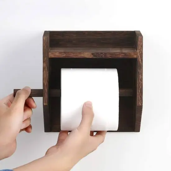 Rustic Brown Wood Toilet Paper Holder Wall Mount with Shelf {3}