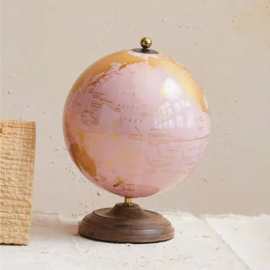 Hello Honey&reg; 10.75" Pink & Gold Metal & Plastic Globe on Natural Mango Wood Stand {3}