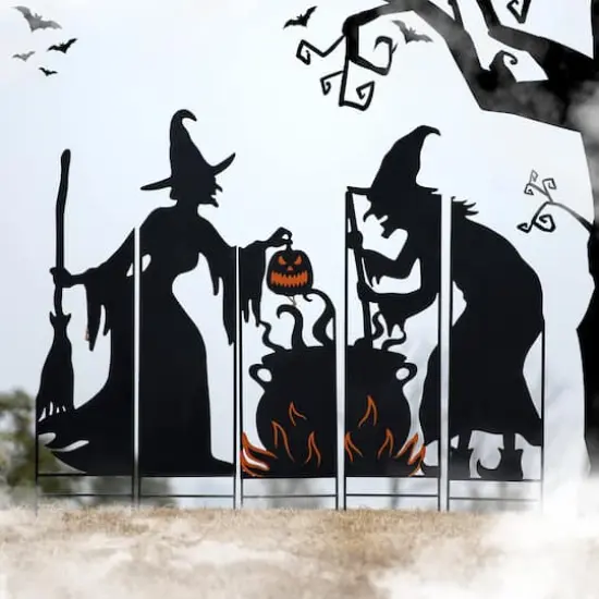 Glitzhome&reg; 34.5" Halloween Metal Silhouette Witches With Cauldron Yard Stake Set {3}