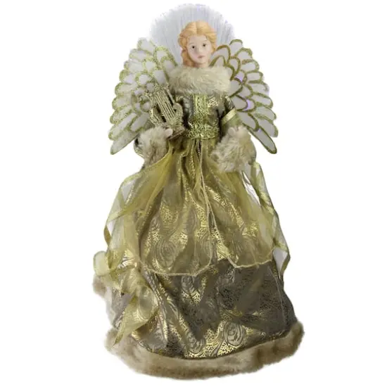 16" Gold & Brown Lighted Angel in Gown with Harp Tree Topper {1}