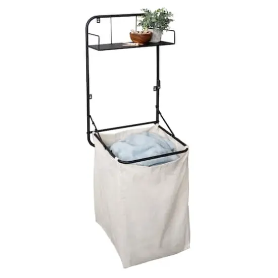 Honey Can Do Black Collapsible Wall-Mounted Clothes Hamper with Canvas Bag and Laundry Shelf {1}