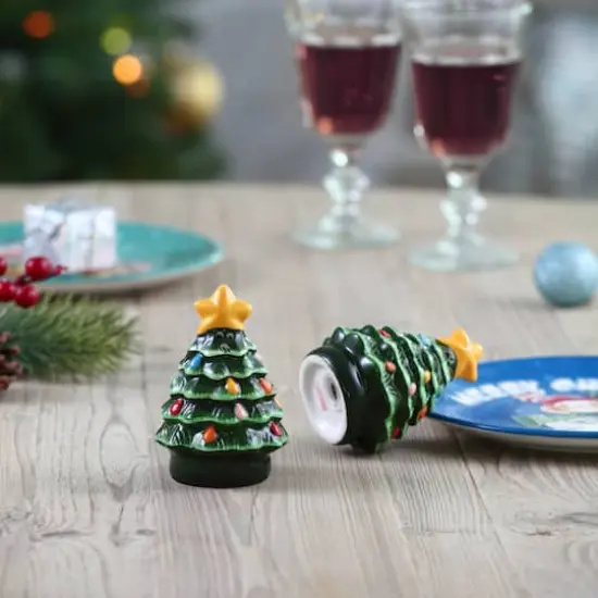 3.75" Green Ceramic Christmas Tree Salt & Pepper Shakers {3}