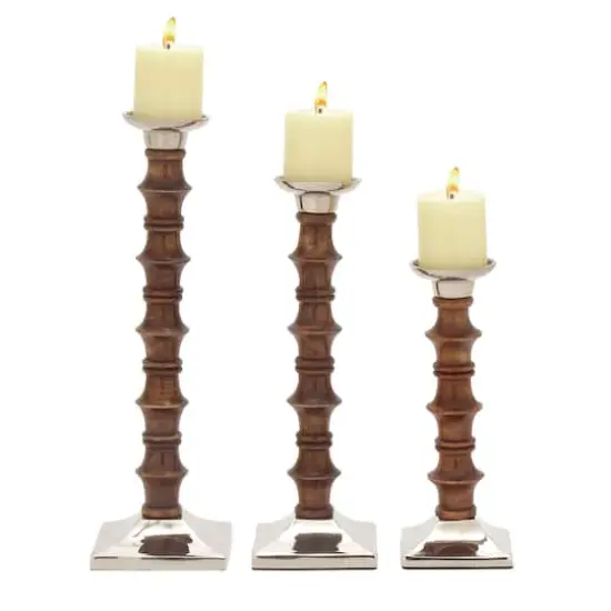 Brown Wood & Aluminum Pillar Candle Holder Set {1}
