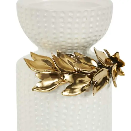 White Abstract Spotted Ceramic Pillar Candle Holder Set with Gold Leaf Accents {5}