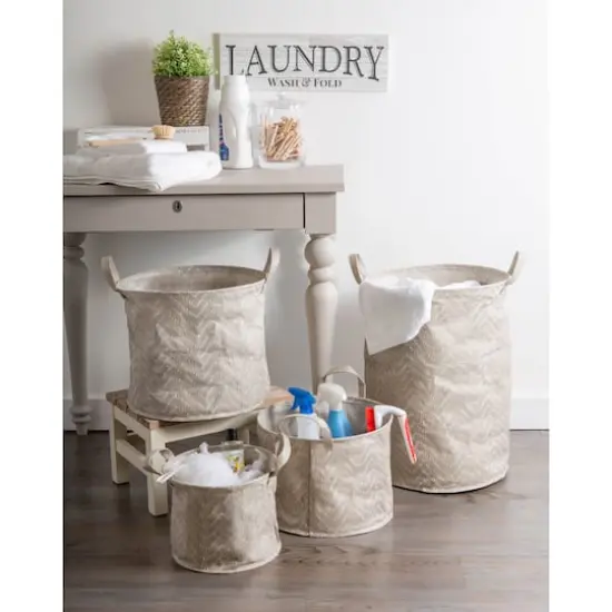 DII&reg; Round Stone & Cream Tribal Chevron PE-Coated Woven Paper Laundry Bin Set {4}