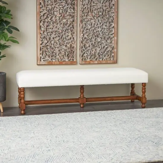 59" Cream Fabric Bench with Brown Traditional Wood Turned Legs {10}