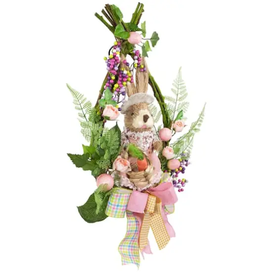 20" Pink Flower Bunny Moss Vines Teardrop Easter Wreath {4}