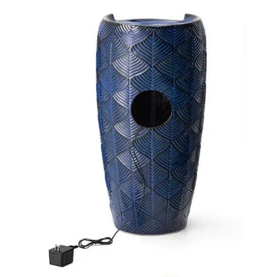 Glitzhome&reg; 29.25" LED Cobalt Blue Scale-Like Ceramic Pot Outdoor Floor Fountain {8}