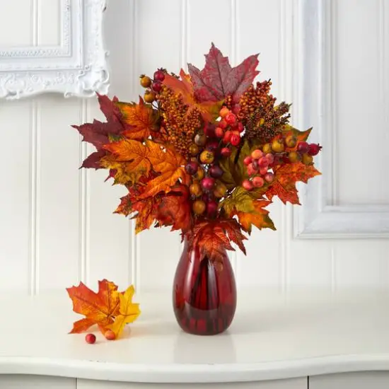 18in. Maple Leaf & Berries Arrangement in Ruby Vase {4}