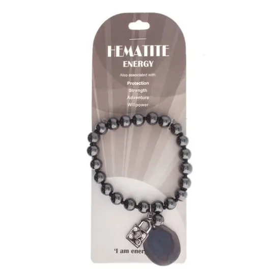 John Bead Hematite Gray Natural Stone Bracelet with Agate & Lock Charm {1}