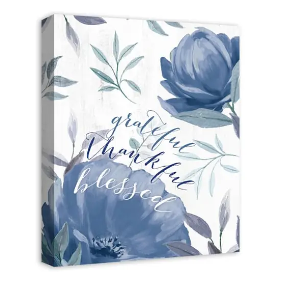 Blue Floral Grateful Thankful Blessed Canvas Wall Art {3}