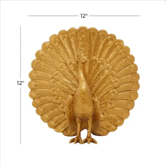 Gold Polystone Glam Peacock Sculpture, 12" x 12" x 5" {6}