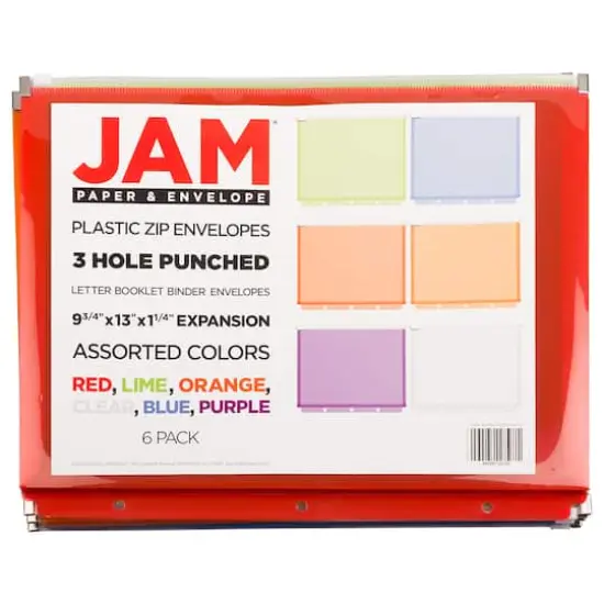 JAM Paper 9.75" x 13" Assorted Zip Closure 3-Hole Punch Plastic Envelopes, 6ct. {3}