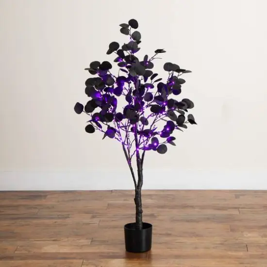 4ft. Pre-Lit Artificial Halloween Black Eucalyptus Tree with 160 Orange & Purple LED Lights {9}