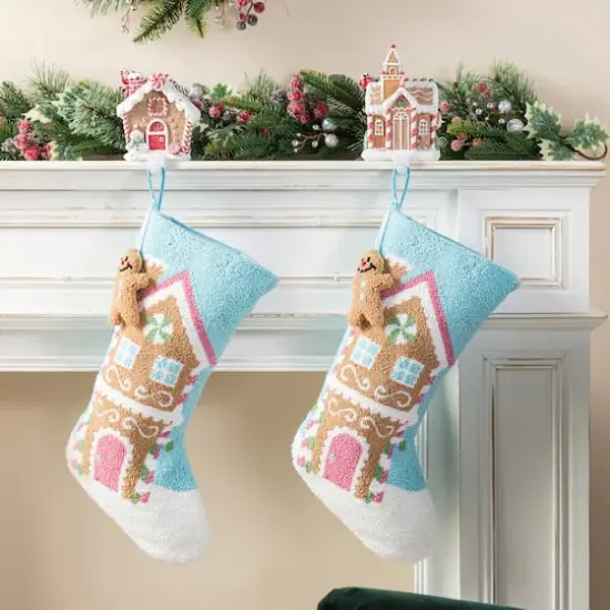 Glitzhome® 21"L Hooked Gingerbread House Stocking with Gingerbread Man Ornament {3}