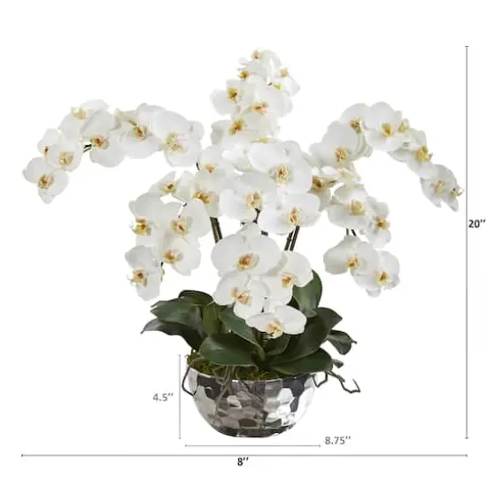 20" Phalaenopsis Orchid Artificial Arrangement in Silver Bowl {3}