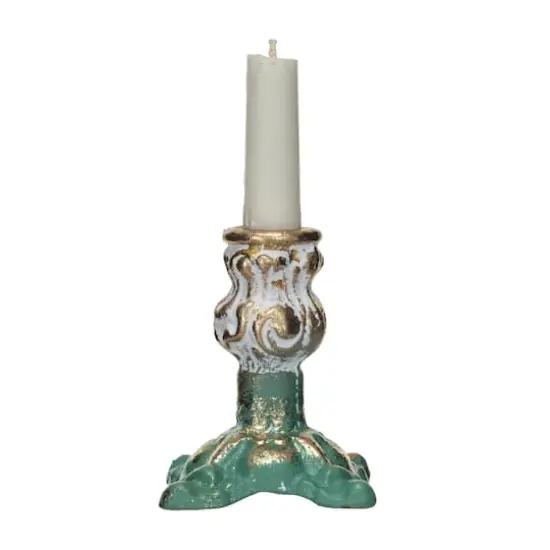 Hello Honey&reg; 4" Green, Gold & Cream Distressed Cast Metal Taper Candleholder {4}