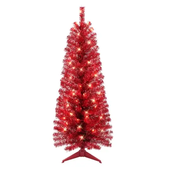 4.5ft. Pre-Lit Red Tinsel Artificial Christmas Tree, Clear Lights {1}